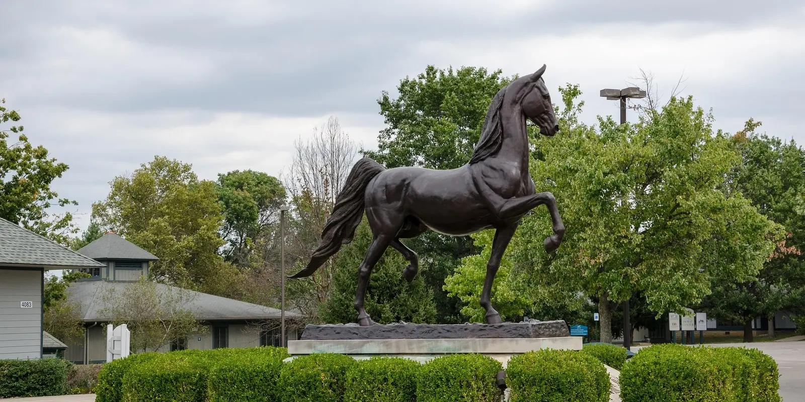 Bronze horse statue in a park setting in Kentucky, showcasing the state's equestrian heritage against a backdrop of greenery.