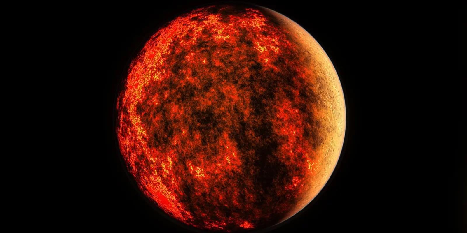 A fiery, glowing depiction of a planet or star, resembling the Sun with its intense red and orange surface, covered in molten lava-like textures.