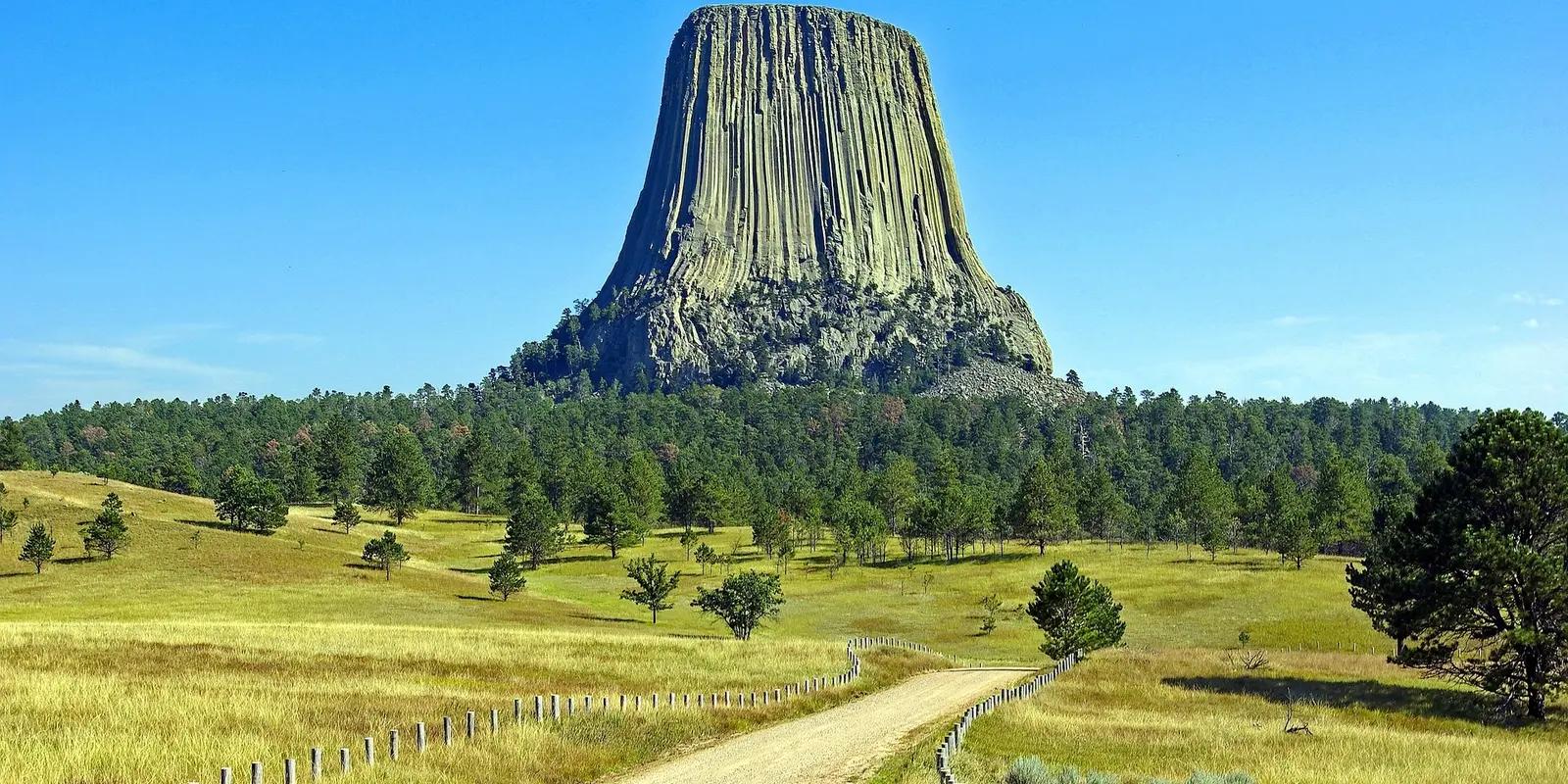 A stunning view of Devils Tower in Wyoming, a massive rock formation rising above the surrounding grasslands and forests, with a dirt road leading toward it under a clear blue sky.