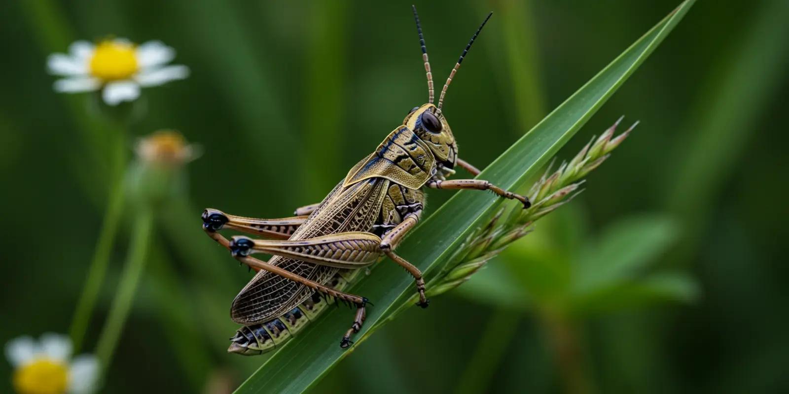 Large grasshopper with long antennae on a grassy stalk.