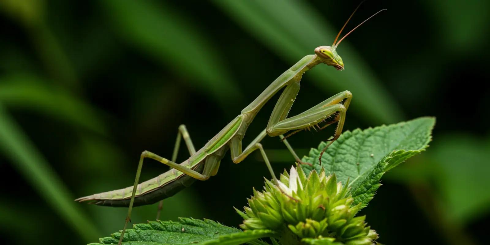 Close-up of a green praying mantis on a leaf.