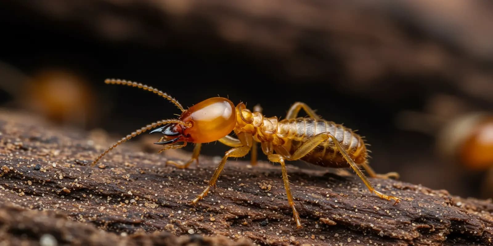 Termite with large mandibles on textured surface.