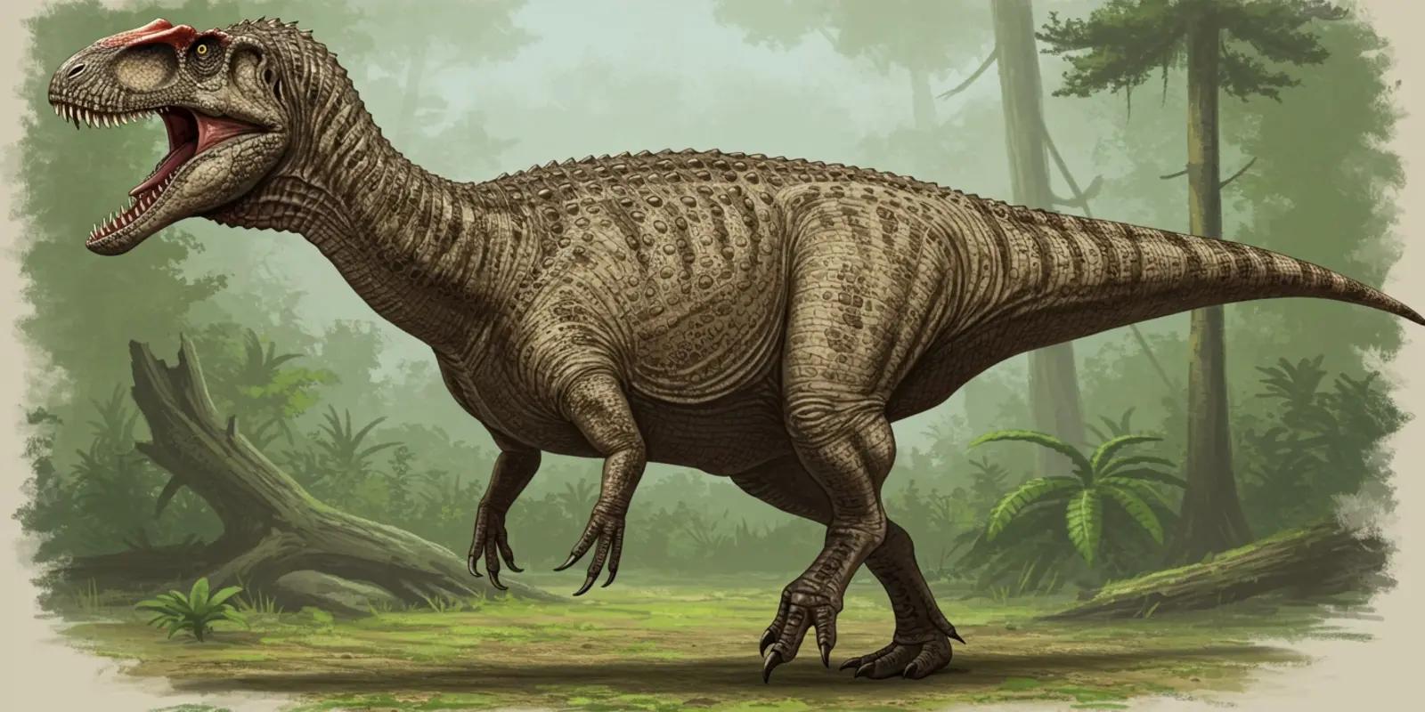 Torvosaurus with open jaws in misty prehistoric jungle.