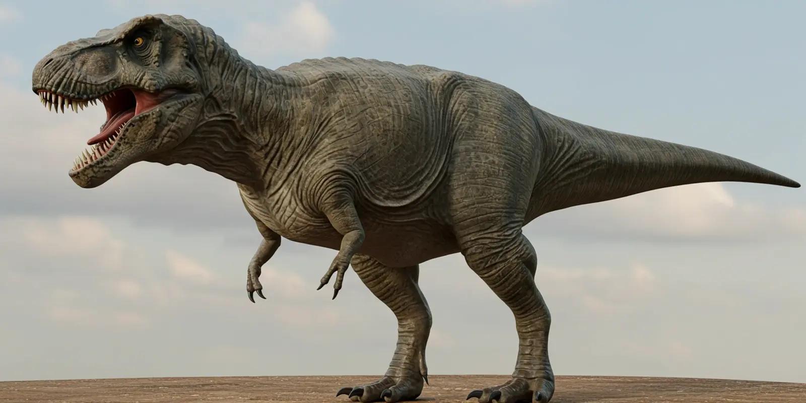 Tyrannosaurus rex model with open jaws against cloudy sky background, detailed realistic rendering of the prehistoric predator.