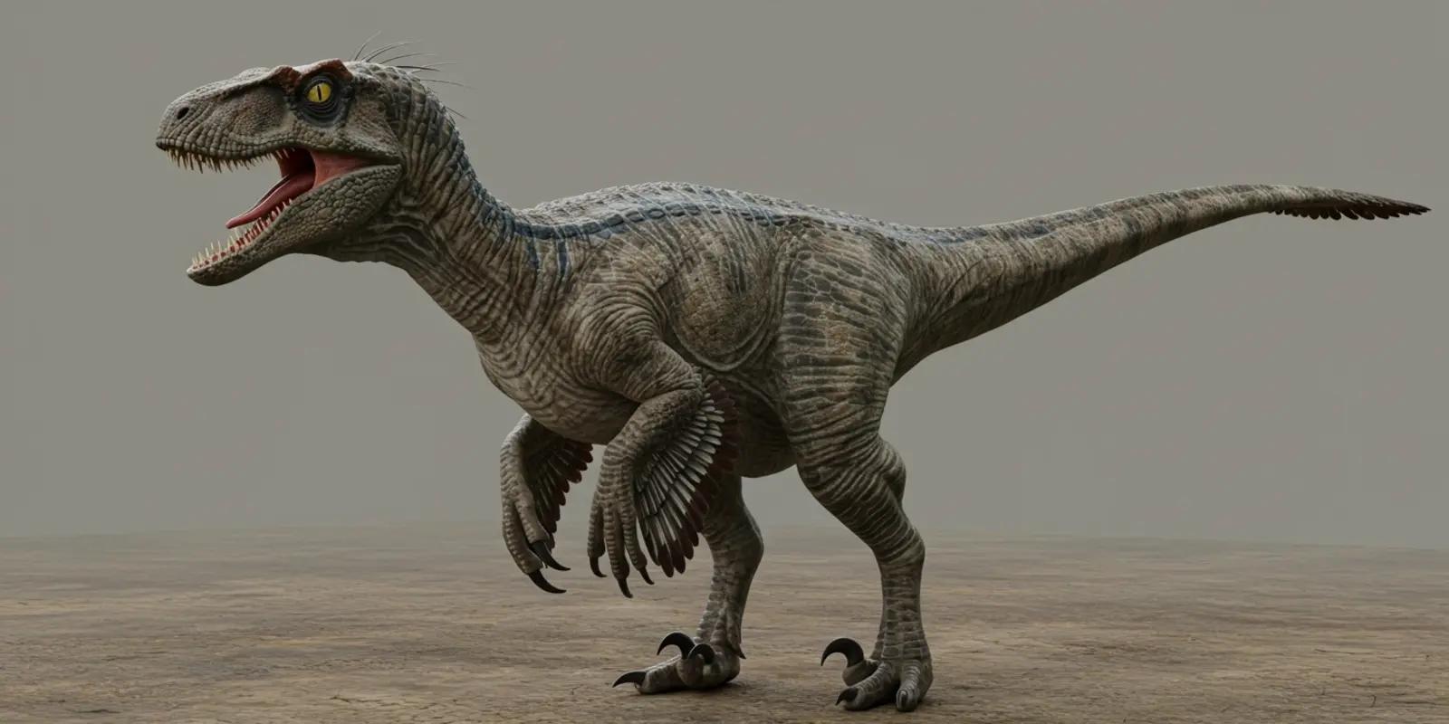 Velociraptor model with open mouth, yellow eyes, and feathered arms standing in barren landscape against gray sky.