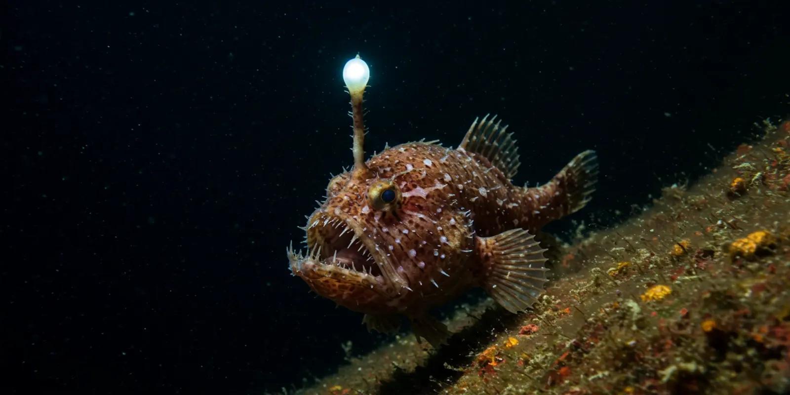 A common anglerfish (Lophius piscatorius) resting on a dark, encrusted surface in deep water. The fish has a large, flattened body with a wide mouth full of sharp teeth. A prominent illicium with a glowing esca extends from its head, acting as a lure.