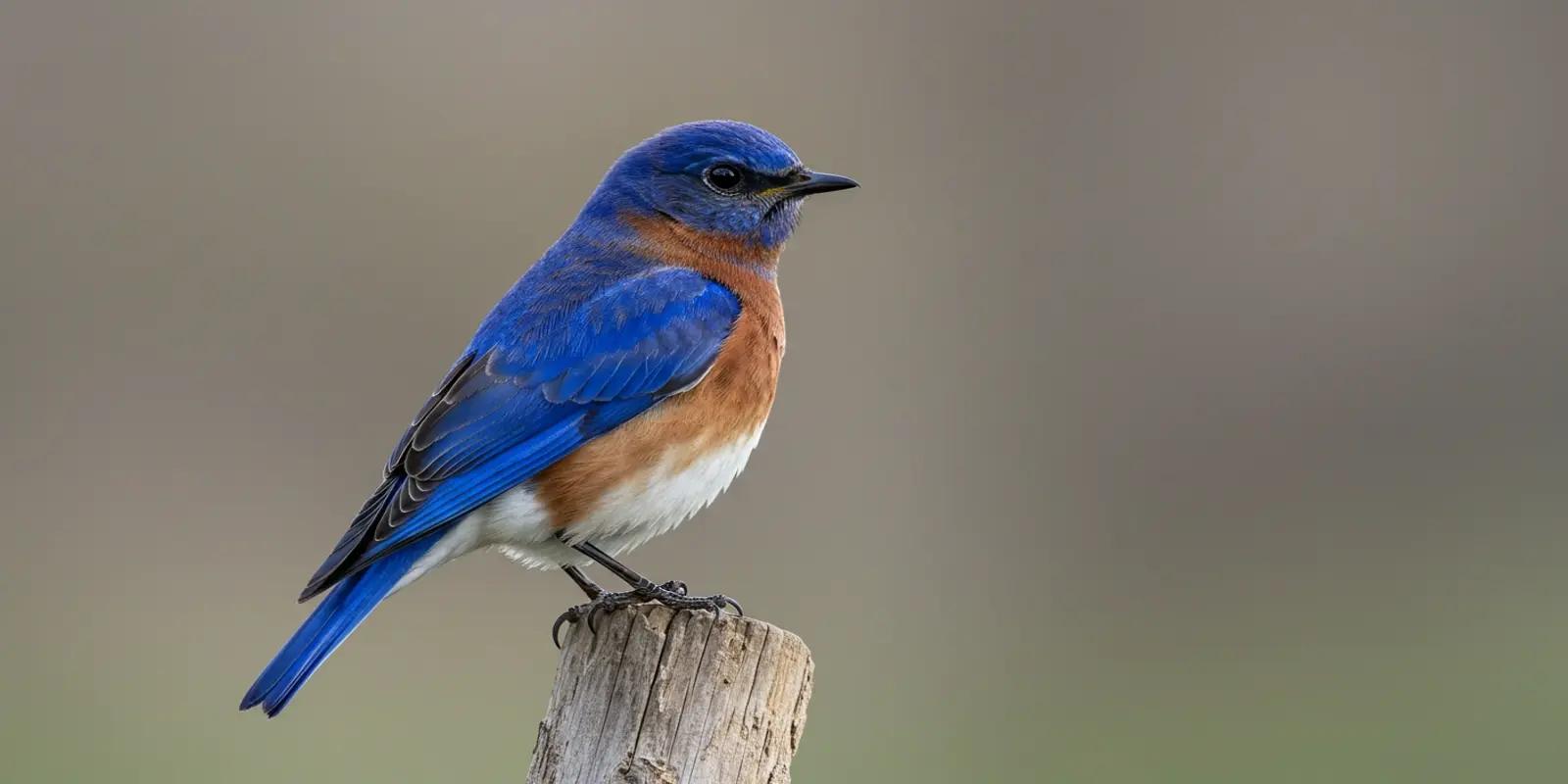 Eastern bluebird perched on a wooden post, featuring its vibrant blue plumage, reddish-orange throat and breast, and white belly.
