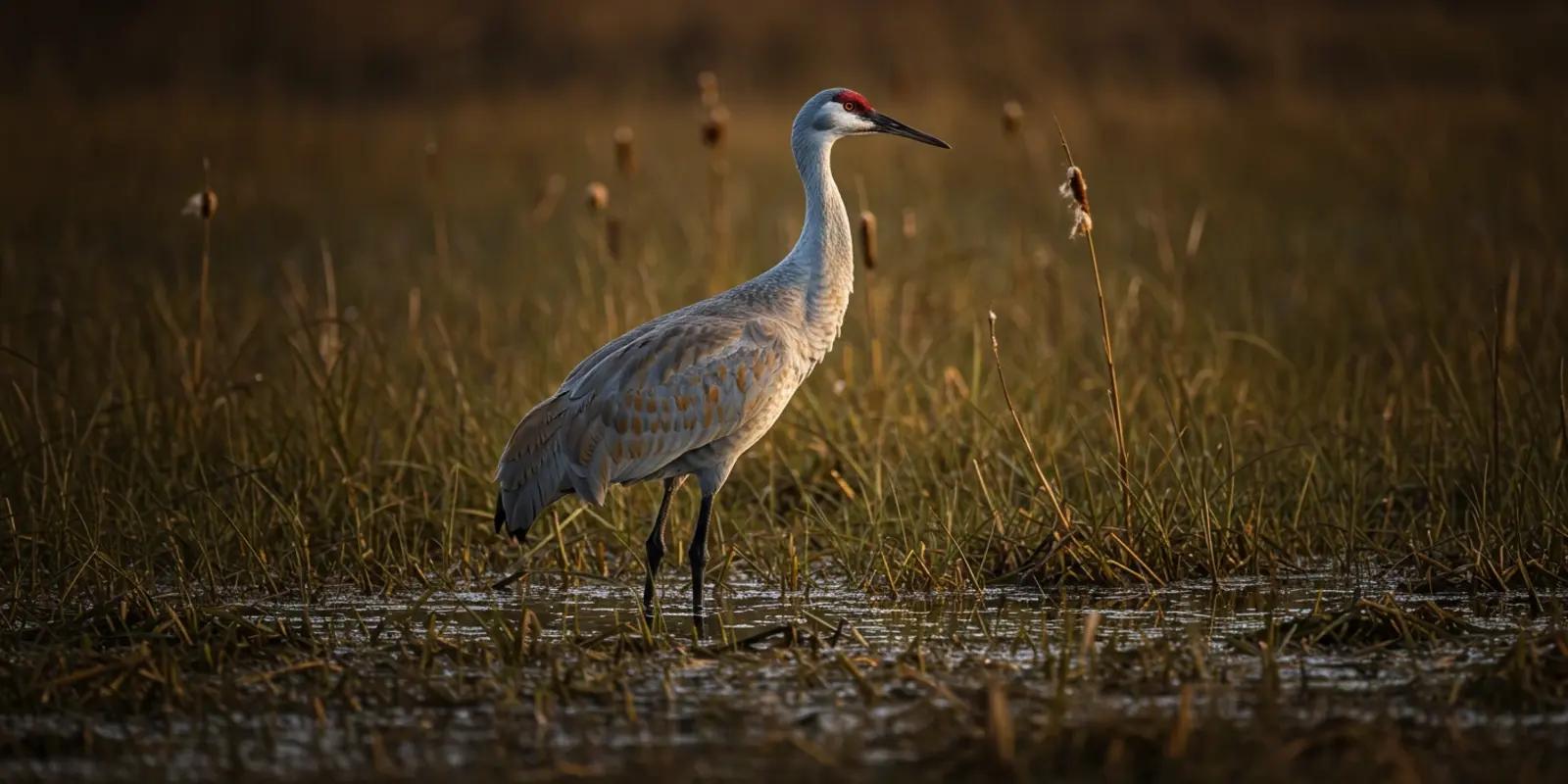 Sandhill crane standing in a wetland habitat, featuring its gray plumage, long neck and legs, and red crown.