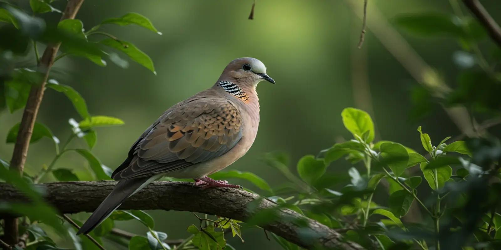 Laughing dove perched on a branch, featuring its small size, black and rufous nape patch, and pale brown plumage.