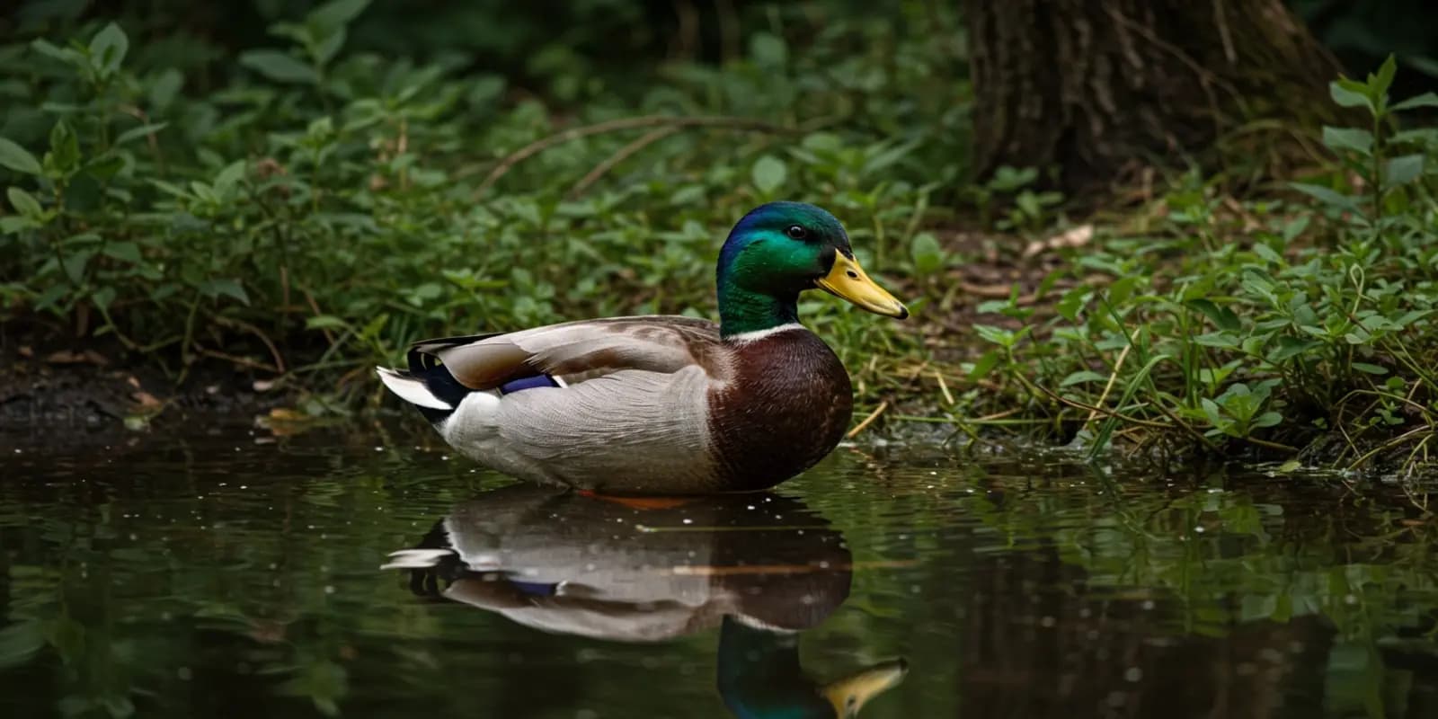 Mallard duck swimming in a pond, featuring its green head, brown breast, gray flanks, and yellow bill.