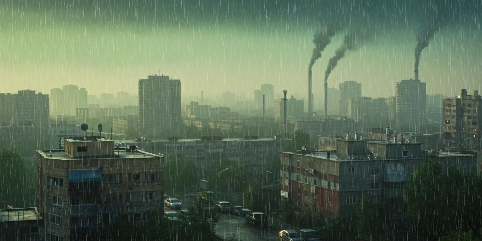 Heavy rain falls over a hazy urban landscape with tall apartment buildings and industrial smokestacks emitting dark smoke into the overcast sky.