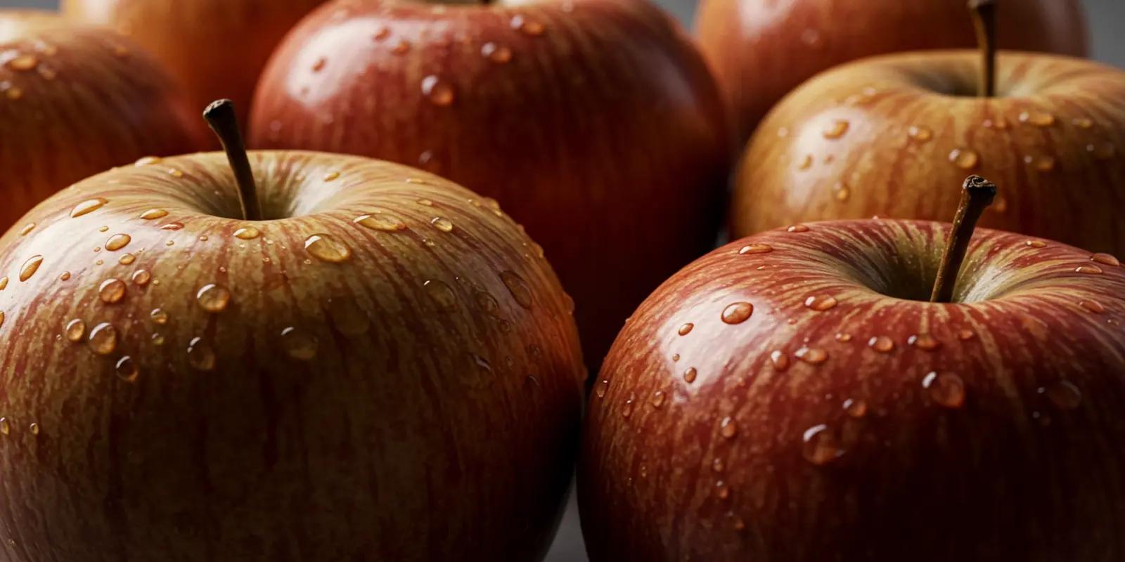 A close-up of several Fuji apples, glistening with water droplets. The apples have a striped pattern of red and yellowish-tan skin, with their brown stems pointing upwards.