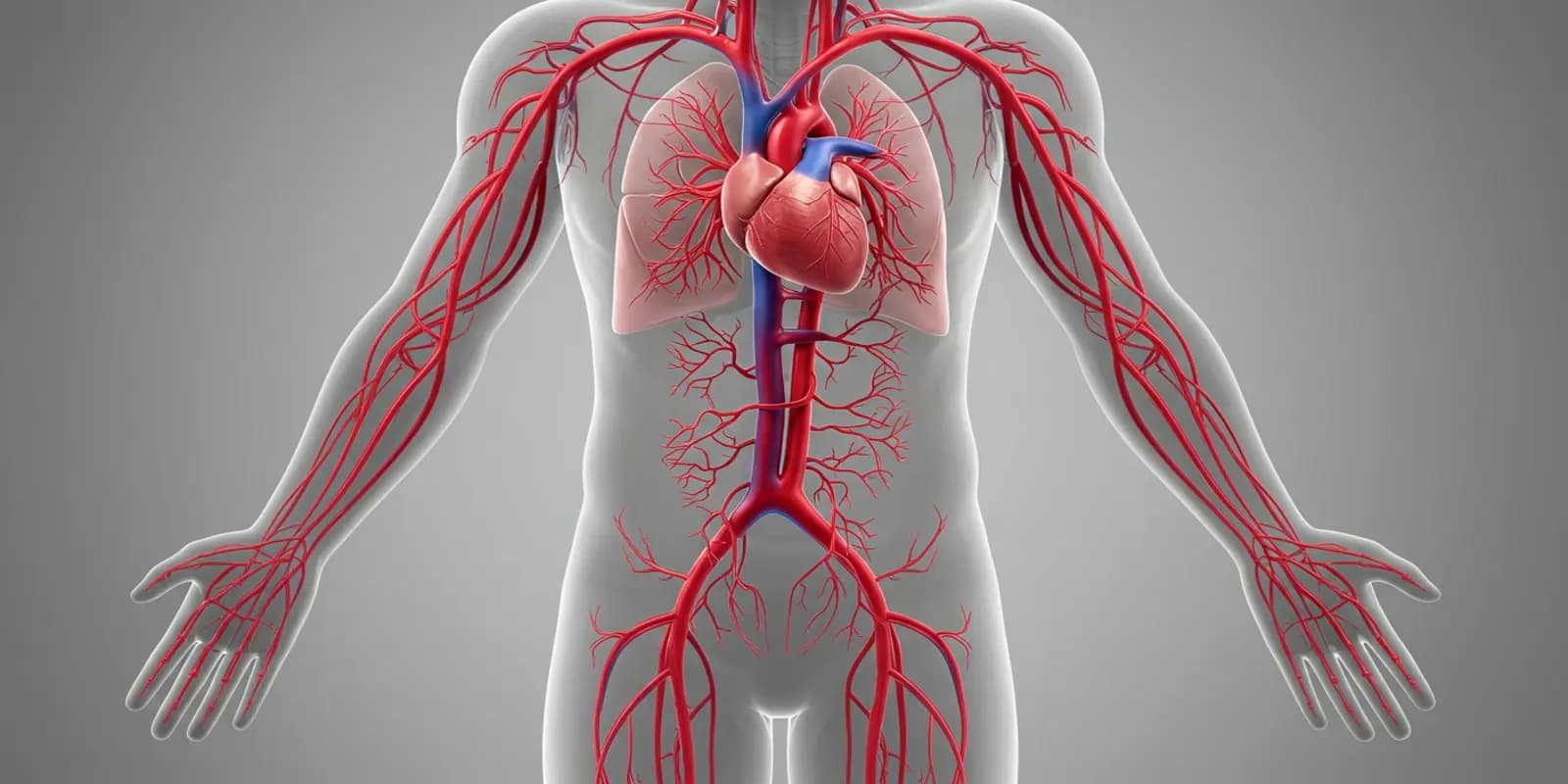A view of the network of arteries branching throughout the upper body, originating from the heart and lungs.