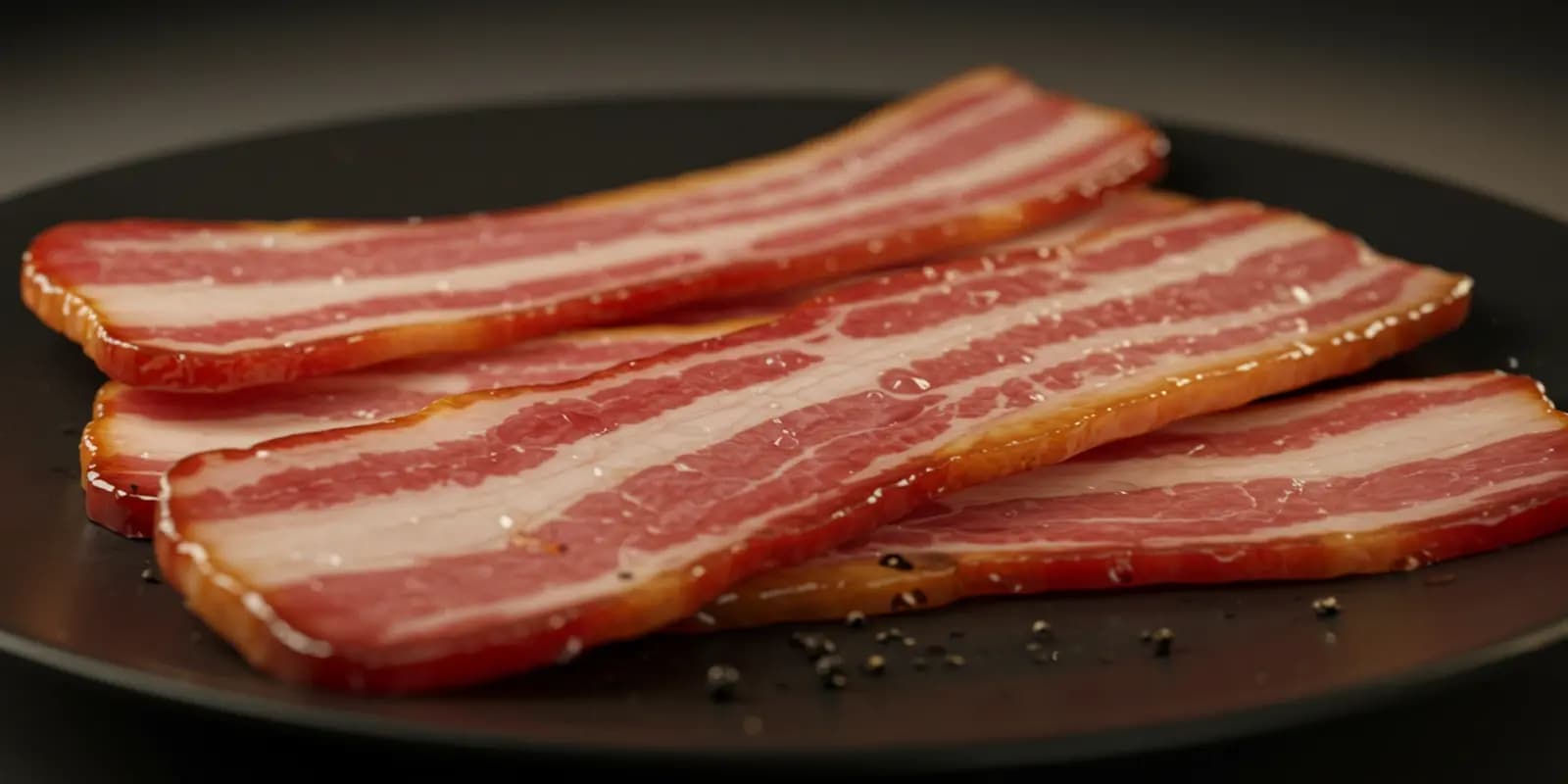 Several uncooked strips of bacon with streaks of pink meat and white fat, arranged on a dark plate with scattered black peppercorns.
