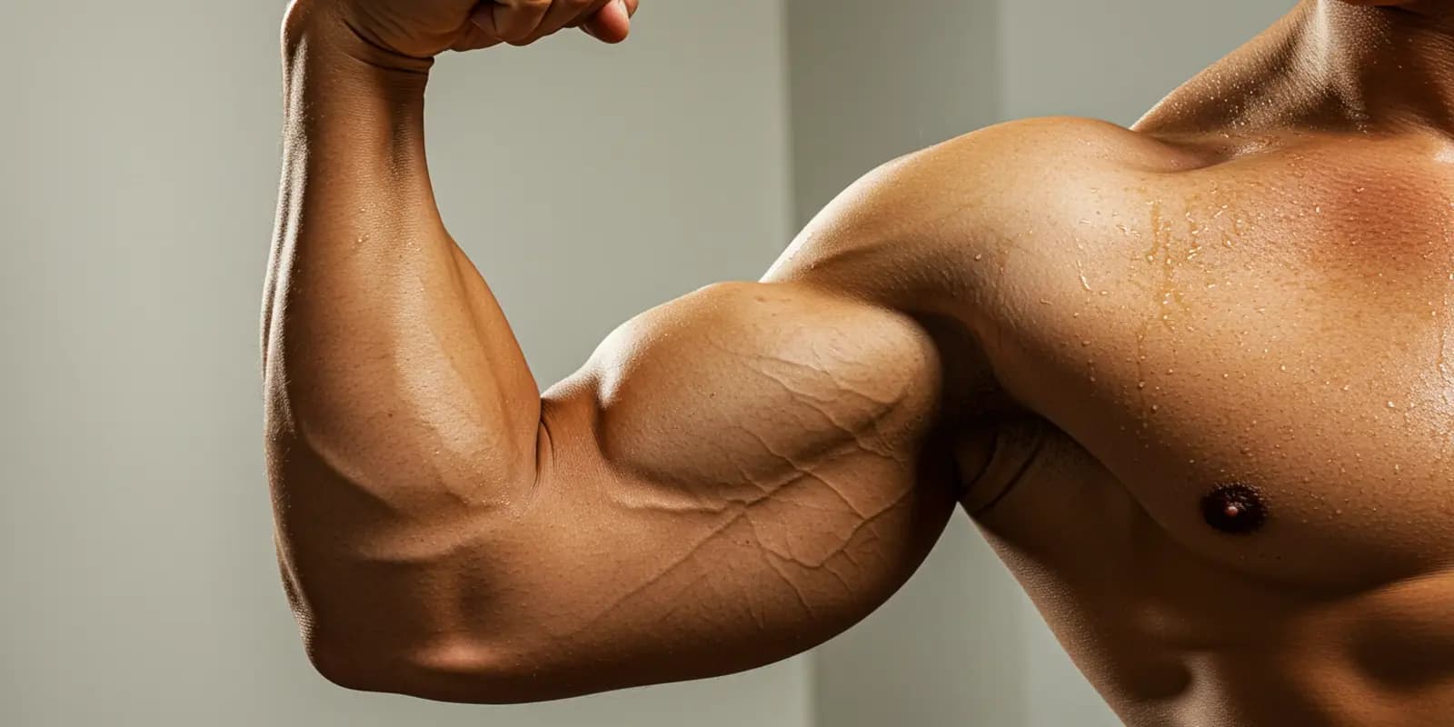 A close-up of a flexed arm showing the prominent biceps muscle.