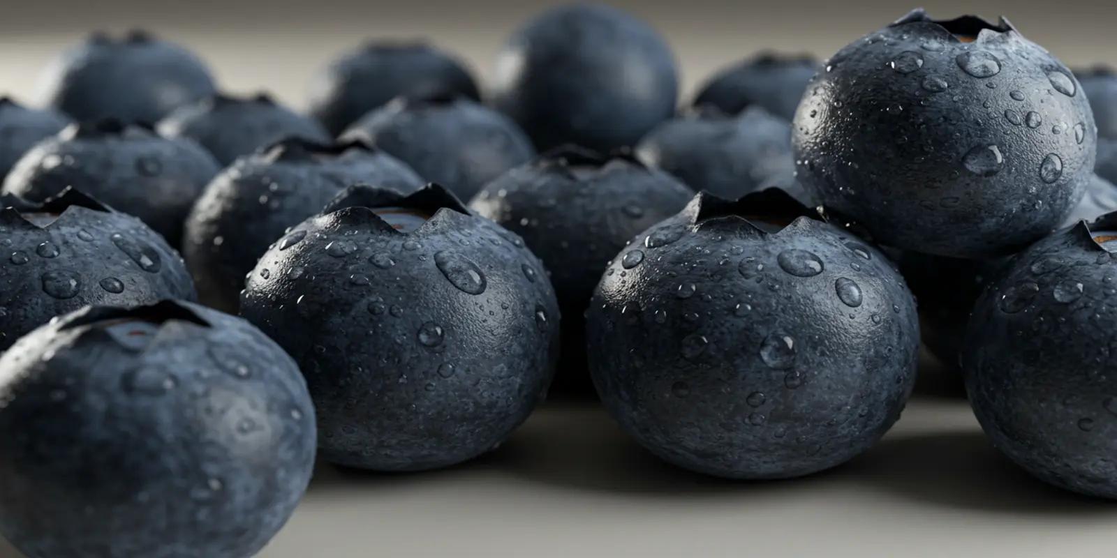 A close-up of many blueberries, glistening with water droplets. The dark blue berries are clustered together, with some showing their star-shaped crowns at the top.