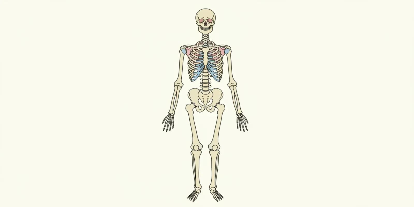 A diagram of the human skeleton showing the skull, rib cage, spinal column, pelvis, and bones of the arms and legs.