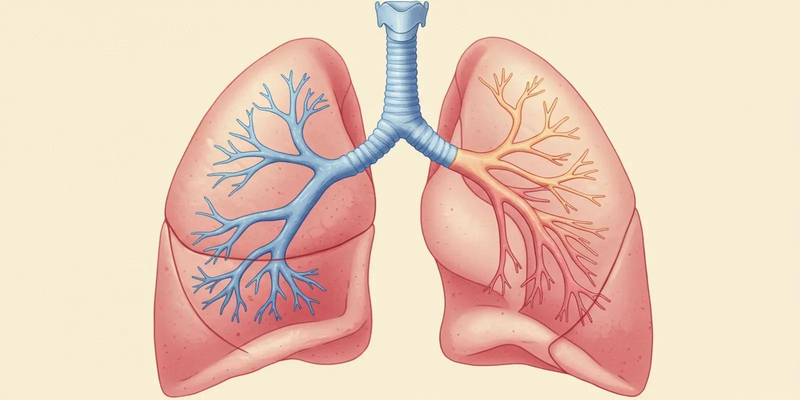 An illustration showing the trachea branching into the left and right bronchi within the lungs.