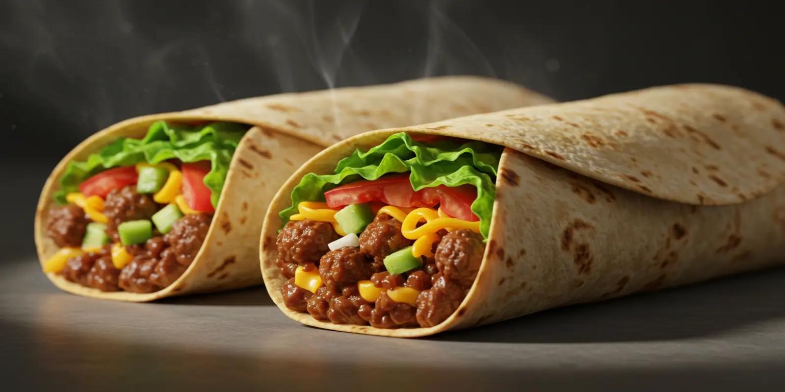 Two warm burritos filled with seasoned ground beef, shredded lettuce, diced tomatoes, shredded cheese, and sour cream, wrapped in soft flour tortillas.