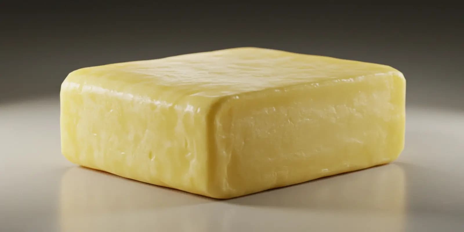 A solid, rectangular block of pale yellow butter, reflecting slightly on a light grey surface.