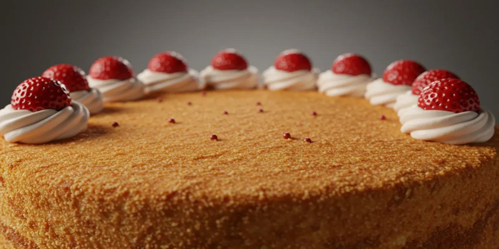 A partially visible Medovik cake, featuring thin layers of honey cake and creamy white frosting. The top of the round cake is decorated with swirls of white cream, each topped with a fresh red strawberry.
