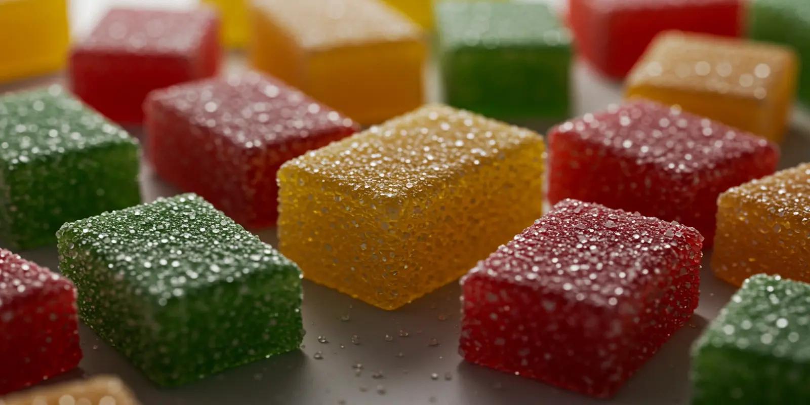 Several small, brightly colored jelly cubes, possibly marmalade, are clustered together. The cubes are coated in sugar crystals and come in red, yellow, and green.