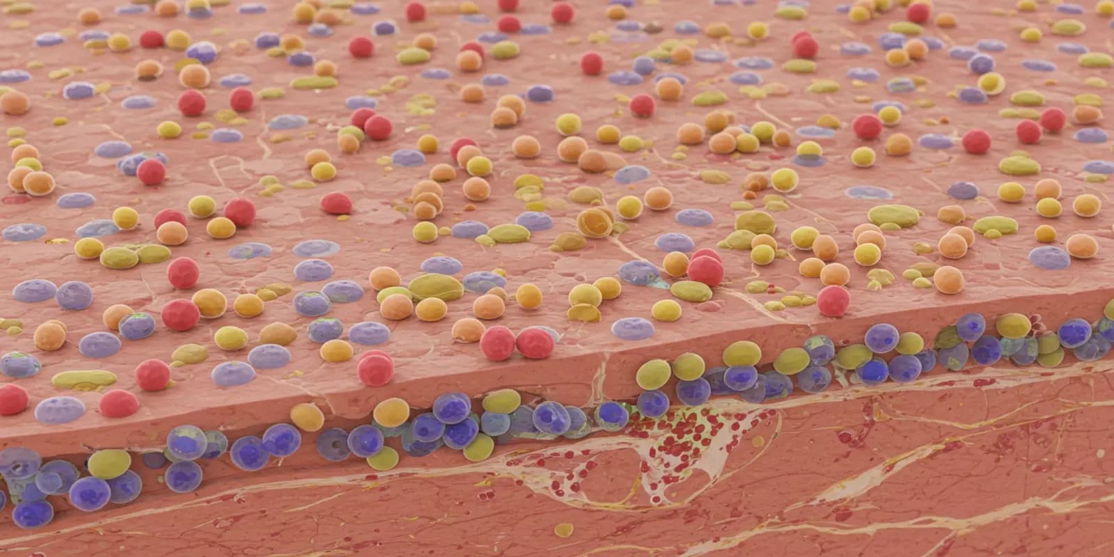 A microscopic illustration showing a variety of differently colored cells in a tissue sample.