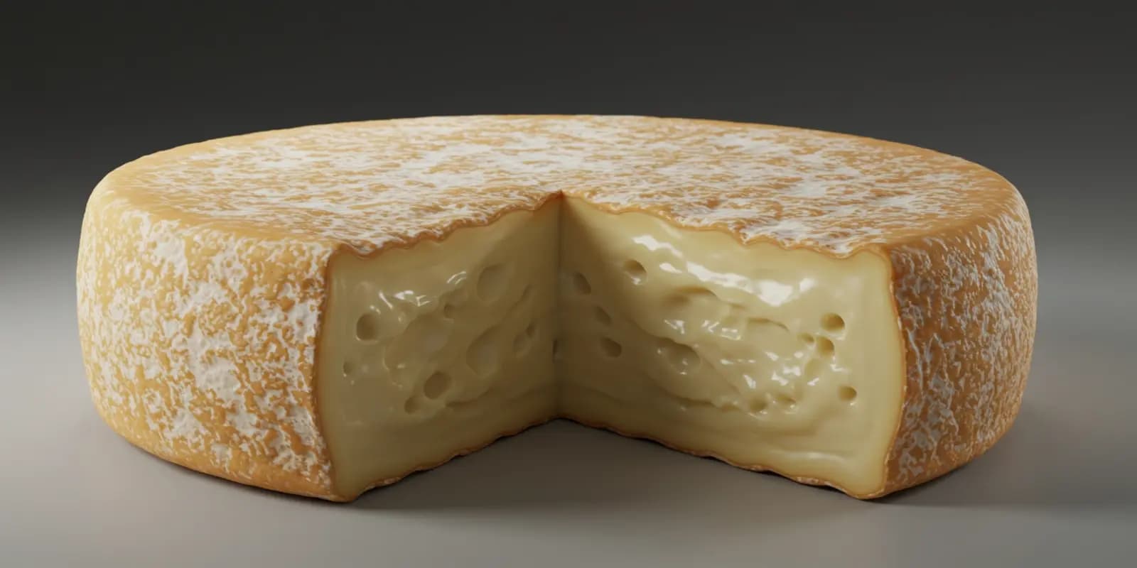 A round of Reblochon cheese with a wedge cut out, revealing a creamy, pale yellow interior with small, irregular holes. The rind is pale orange to yellowish with a downy white mold.