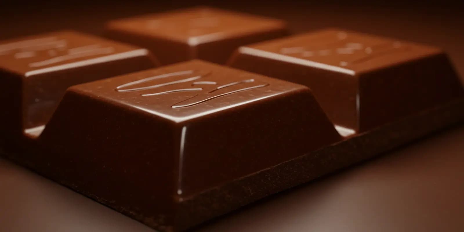 A close-up of four segments of a milk chocolate bar. The chocolate is smooth and glossy, with a subtle design on the top of each square.