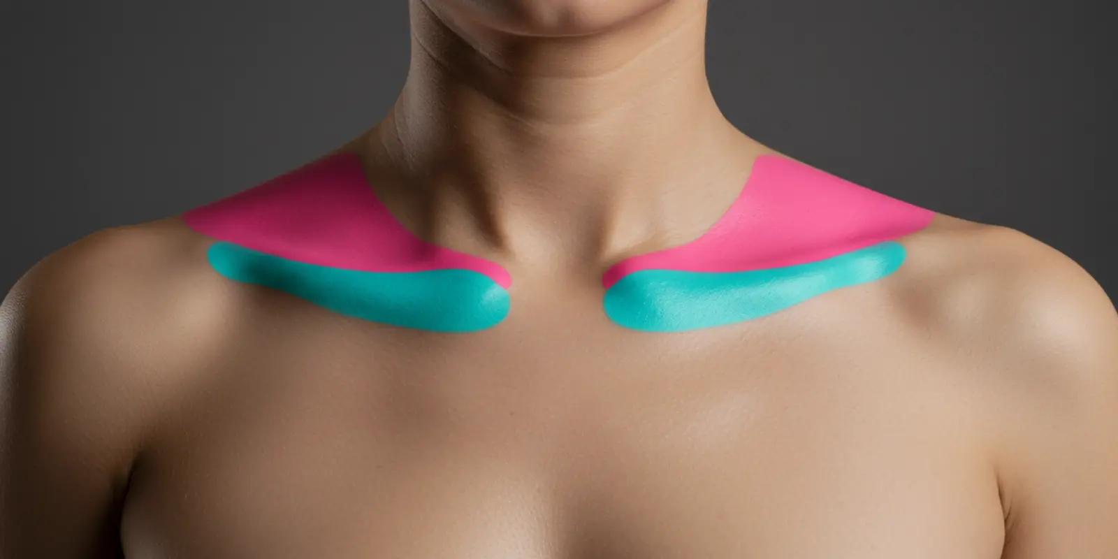 A person's upper chest and shoulders with the clavicle bones visually emphasized in teal and pink.