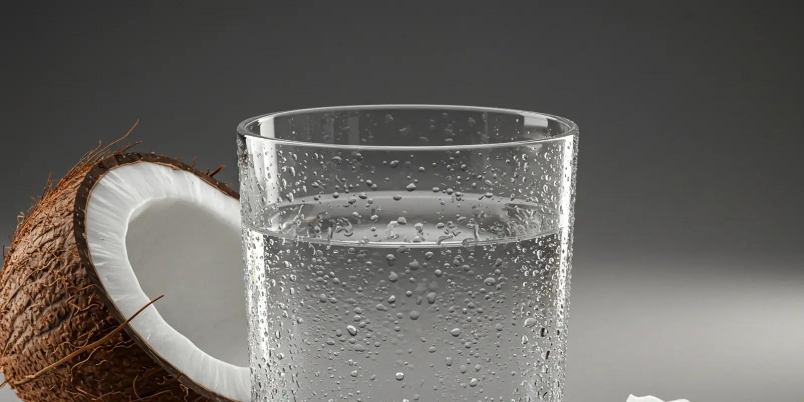 A clear glass filled with translucent coconut water, covered in condensation droplets. A halved coconut with white flesh and a brown, fibrous shell sits next to the glass.