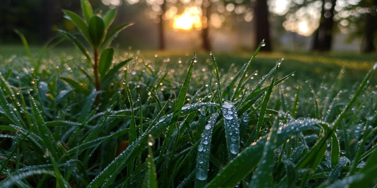 Blades of vibrant green grass are heavily coated with glistening, spherical dew drops, catching the soft light of early morning.