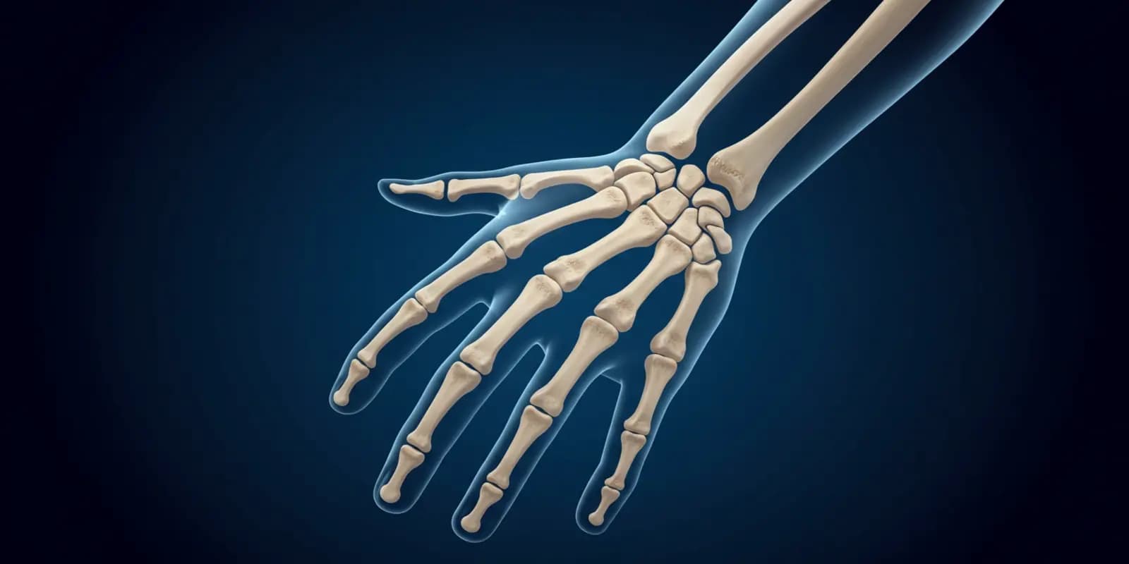 A detailed view of the bones that make up the hand, wrist, and fingers.