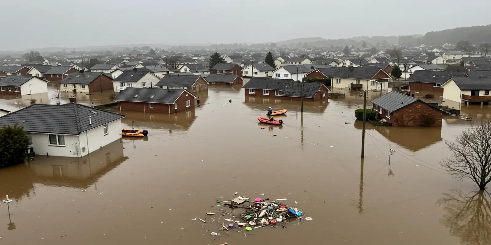 An aerial view of a residential area severely flooded with muddy water. Houses are submerged up to their roofs, and people are navigating the waterlogged streets in inflatable boats.
