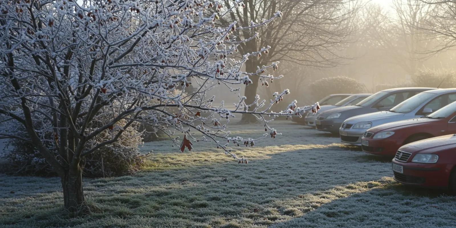 A landscape scene showing a layer of white frost covering the ground, bare tree branches, and parked cars. The frost appears as delicate ice crystals, creating a wintry scene. The air looks cold and slightly misty.