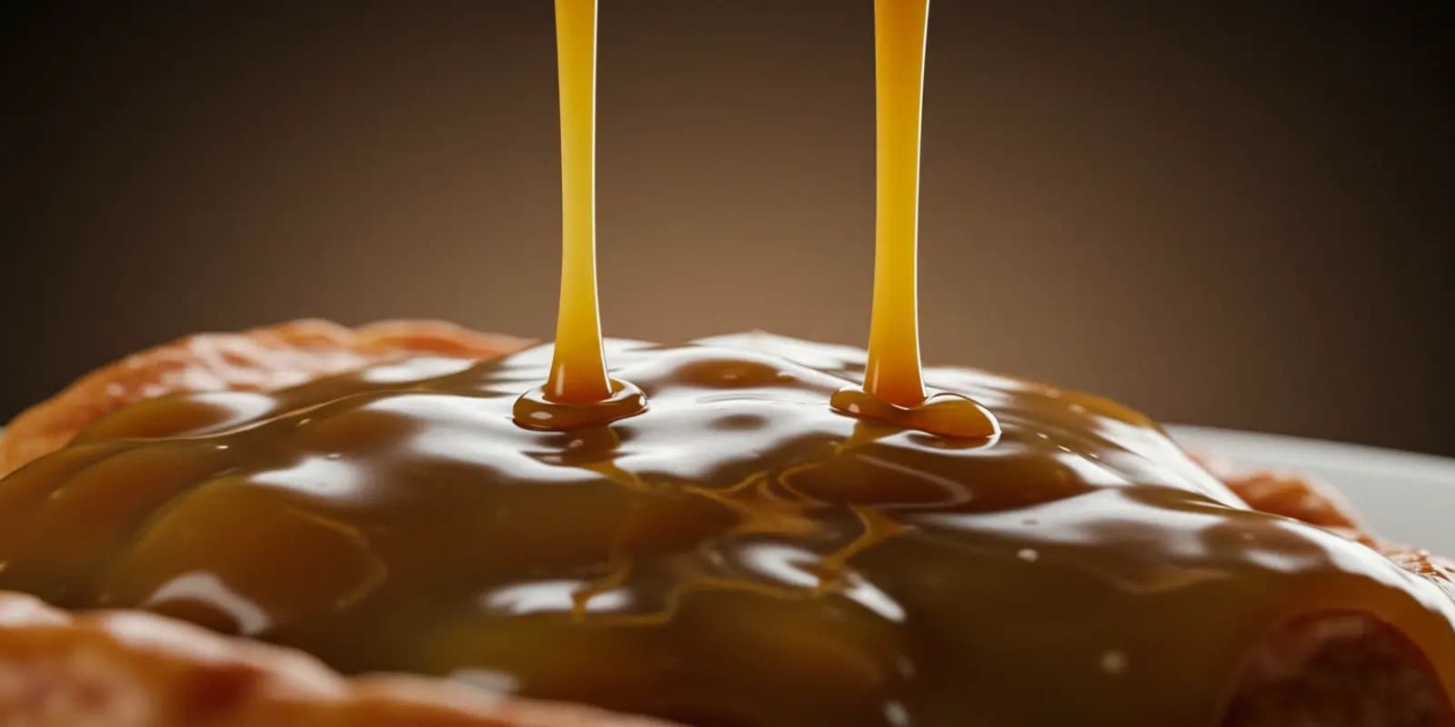 Two streams of thick, rich brown gravy being poured over a dish, partially visible at the bottom of the frame.