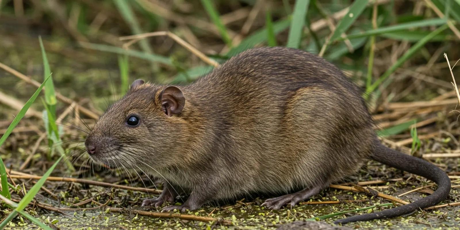 A medium-sized rodent, a greater cane rat, with coarse, brownish fur, small rounded ears, dark eyes, and a thick, dark, ringed tail.