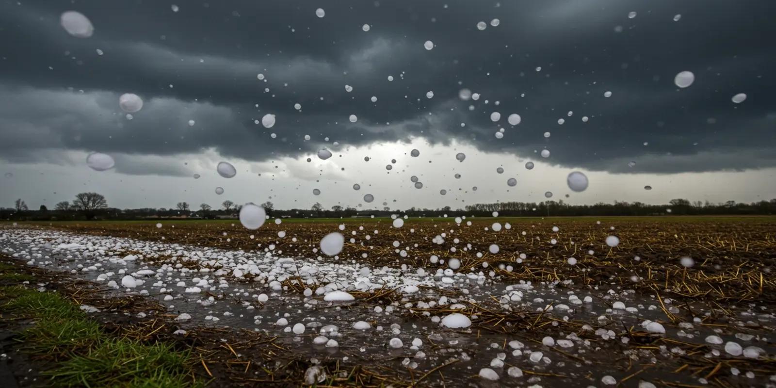 Numerous irregularly shaped white hailstones are falling from dark, stormy clouds towards a field. Many hailstones have accumulated on the wet ground, which shows remnants of brown vegetation and some standing water.
