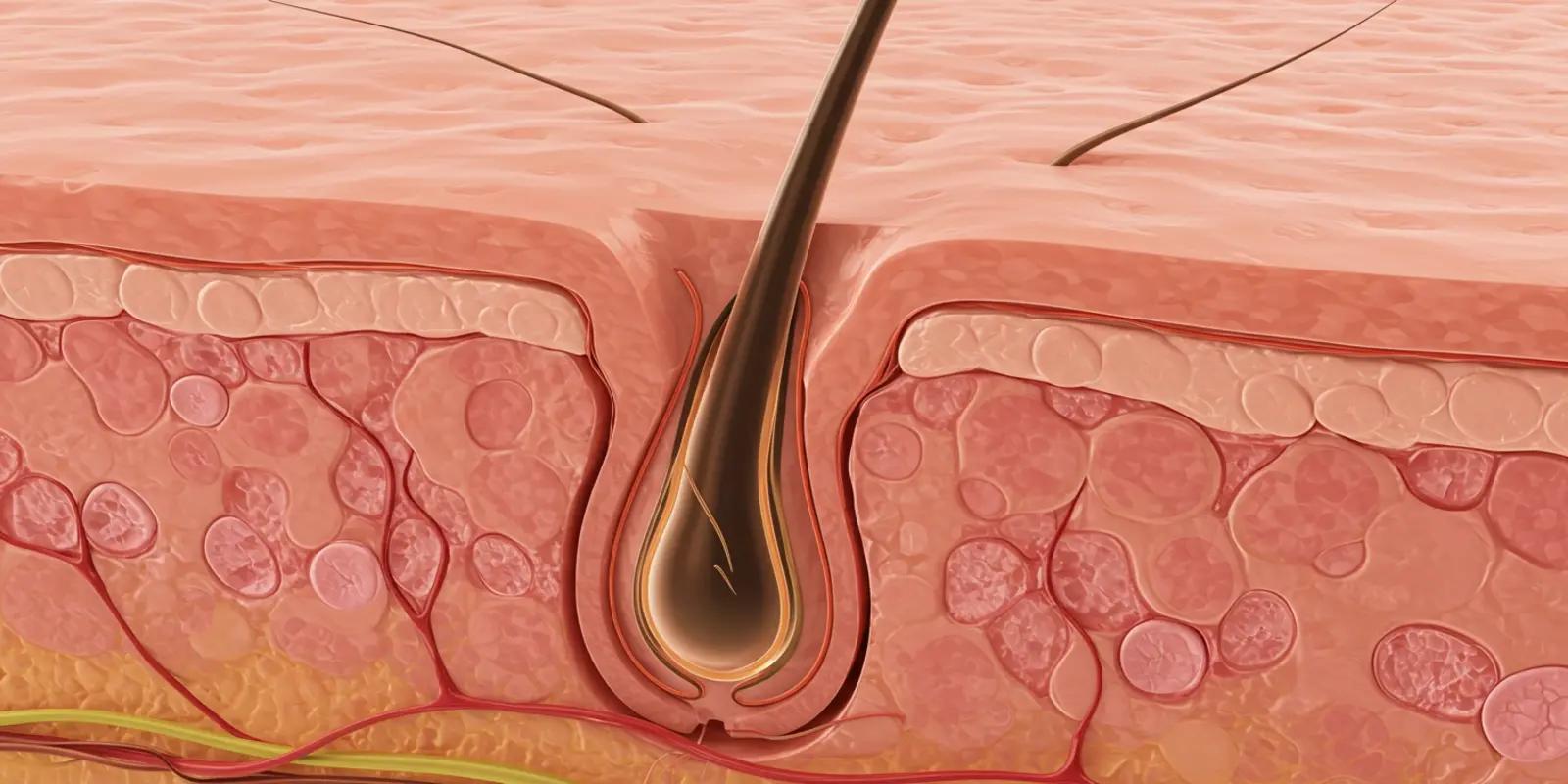 An illustration showing a cross-section of the skin with a hair follicle, including the hair root and shaft extending through the layers.