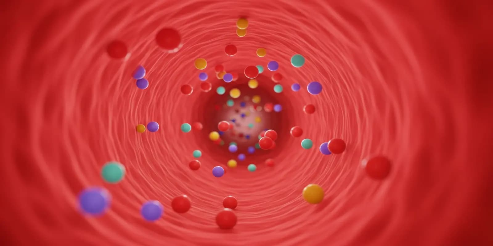 An illustration depicting various hormone molecules (represented by different colored spheres) traveling within a blood vessel.