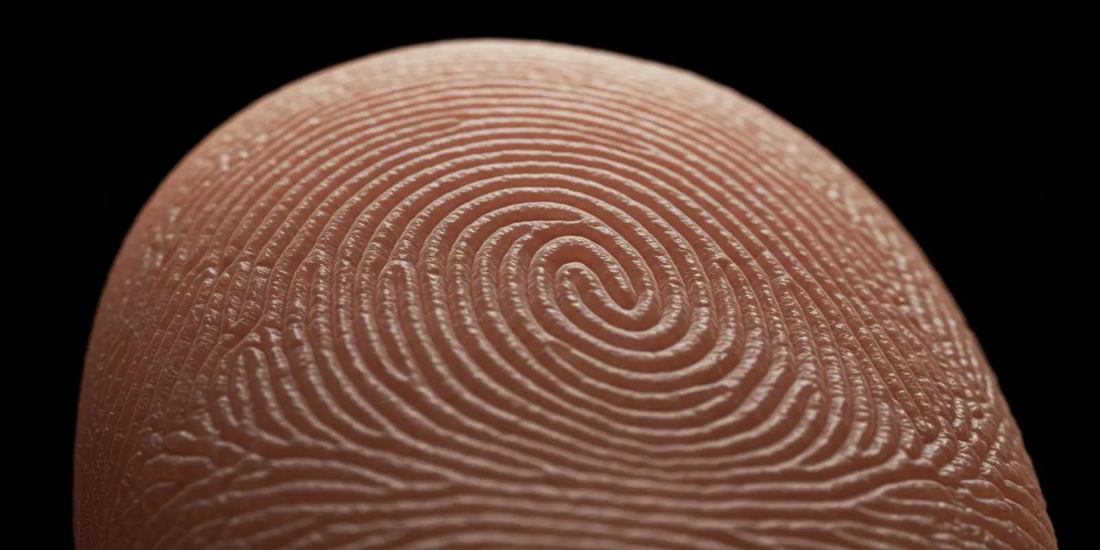 A highly magnified close-up of a fingerprint showing the intricate pattern of ridges.