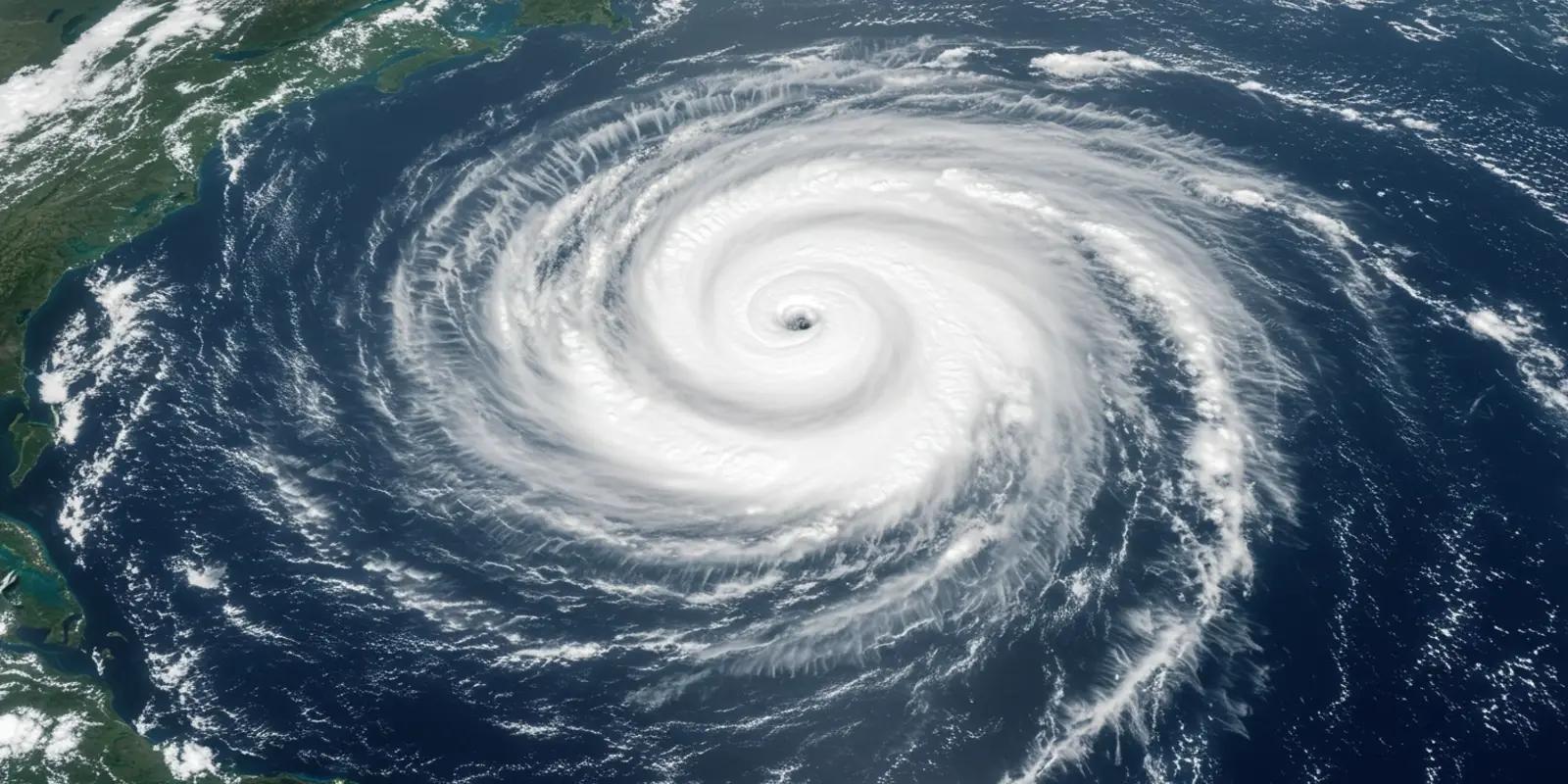 A satellite view of a large and powerful hurricane over the ocean. The storm exhibits a well-defined circular structure with a clear central eye surrounded by dense, swirling clouds. Bands of clouds extend outwards from the center. The deep blue of the ocean contrasts with the bright white of the storm clouds. Landmass is visible on the periphery of the image.