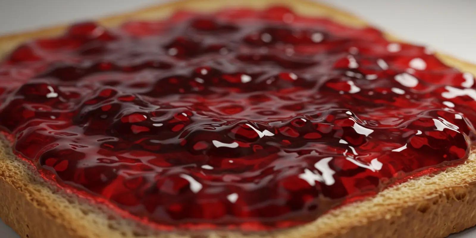 A close-up of a slice of light brown toast generously spread with vibrant red raspberry jam, showing the texture of the fruit preserve with visible pieces of raspberries.