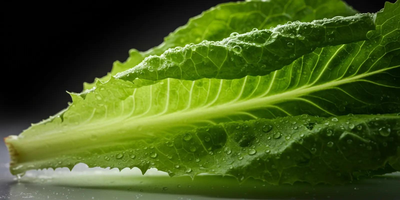 A close-up of several vibrant green leaves of Romaine lettuce, glistening with water droplets.