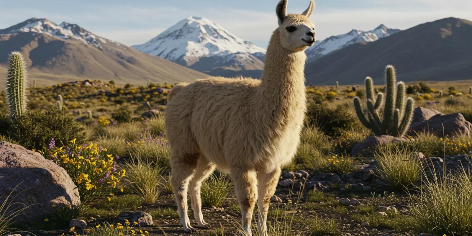 Llama standing in a mountainous landscape, featuring its larger size, long banana-shaped ears, and longer face.