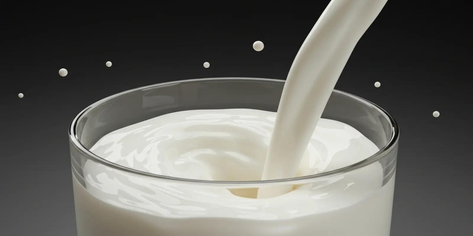A stream of white milk is being poured into a clear glass, which is already partially filled with milk. Splashes and droplets of milk are suspended in the air around the pouring stream and the glass.