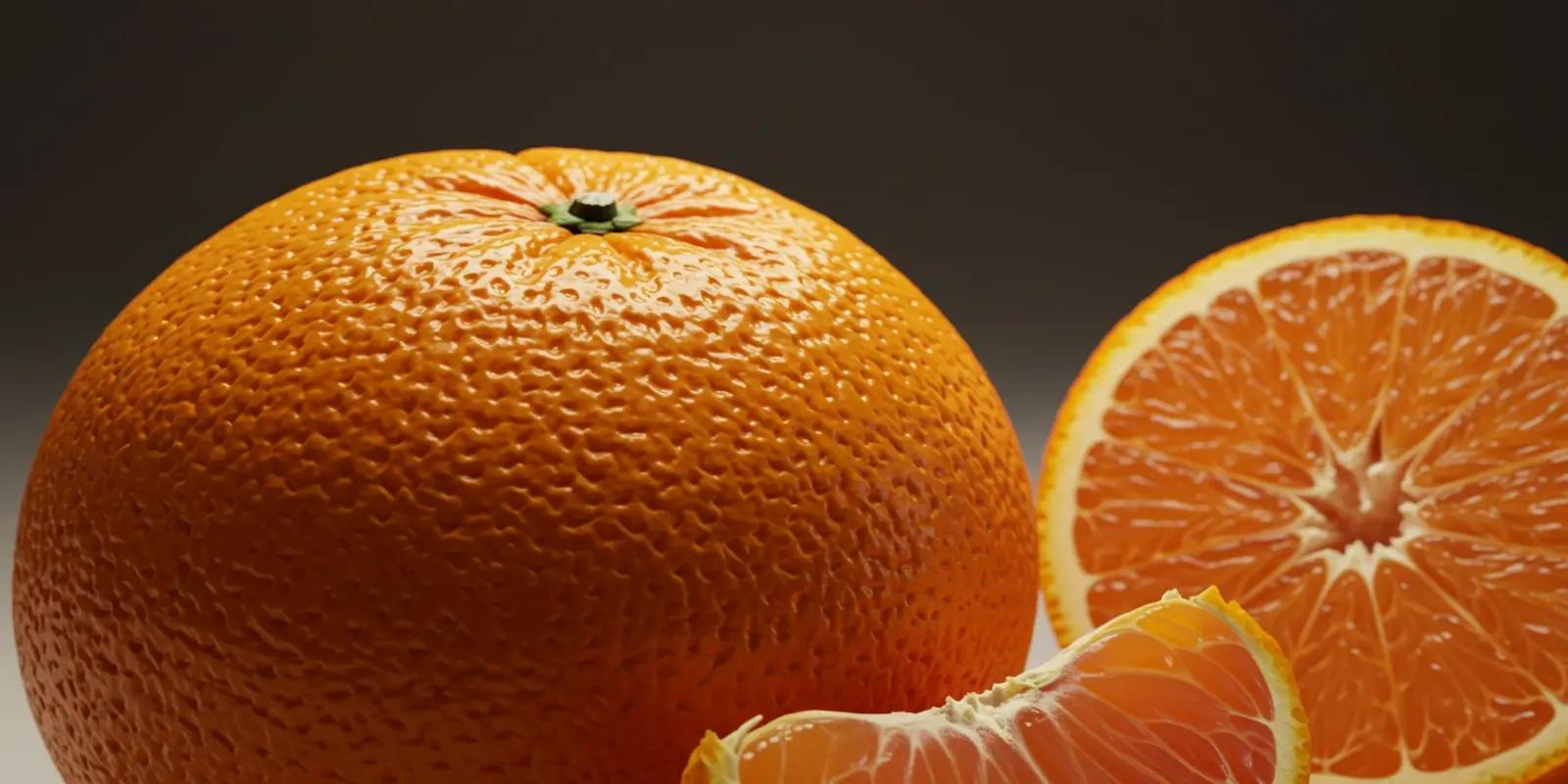A whole orange with a textured orange peel stands next to a halved orange, revealing its juicy segments. A peeled wedge of orange lies in front.