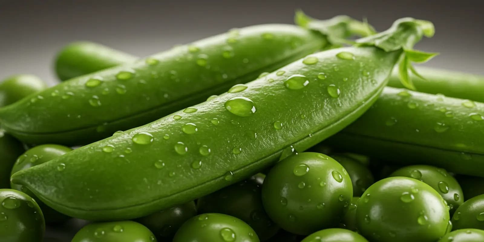 A close-up of bright green pea pods and loose green peas, all covered in glistening water droplets. Several pea pods lie on top of a pile of round green peas.