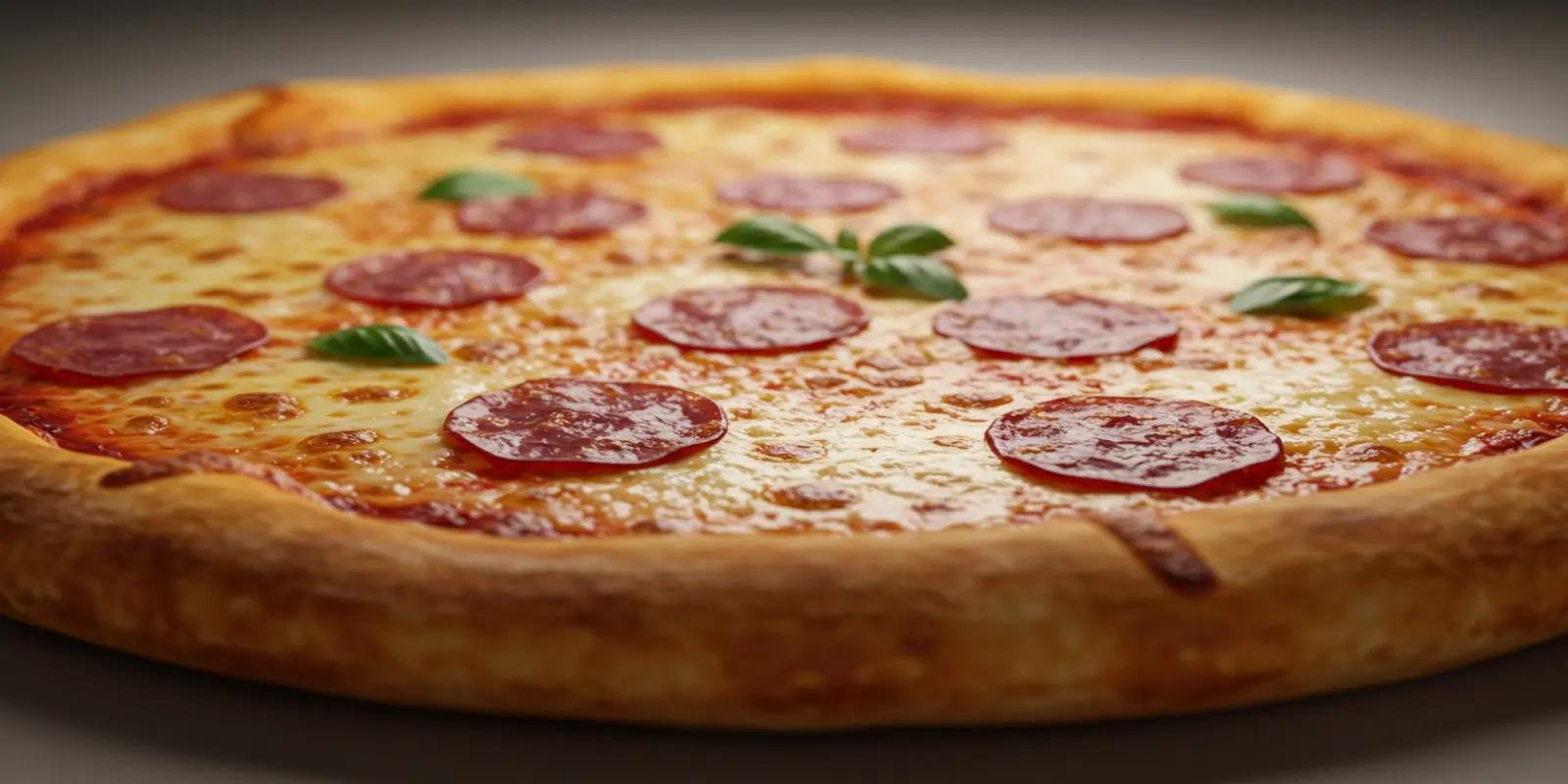 A round pepperoni pizza with a golden-brown crust, topped with melted cheese, numerous circular slices of pepperoni, and a few fresh green basil leaves.