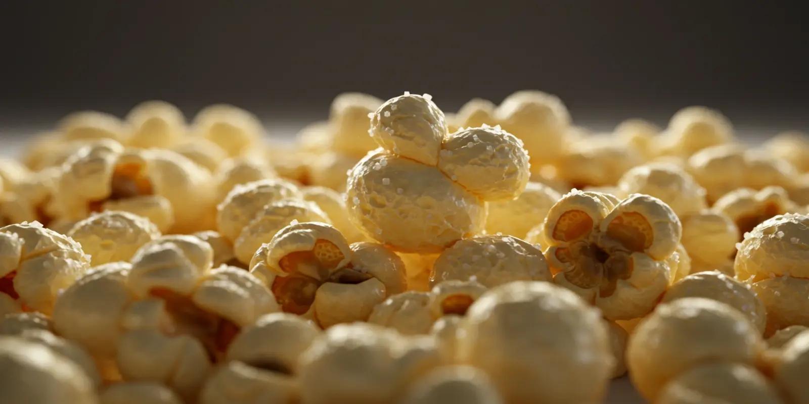 A close-up of a pile of popped popcorn kernels. The popcorn is light yellow and irregularly shaped, with some visible salt crystals and a light coating.